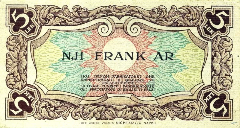 5 Lekë = 1 Frank Ar ND (1925) back image